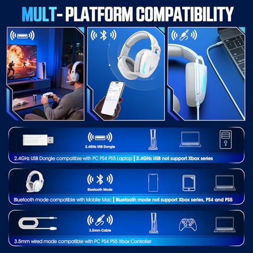 BENGOO G1 60H Wireless Gaming Headset with RGB Lights & Mic for PS5 PS4 PC - color: White