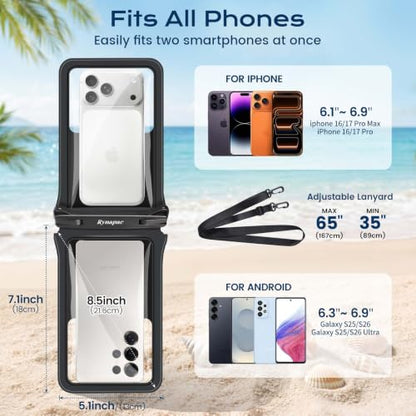 Rynapac Waterproof Phone Pouch 2 Pack, IPX8 Double Space Waterproof Phone Case with Lanyard for iPhone 17/16/15 Pro Max, Galaxy S26 Ultra, Cell Phone Dry Bag for Beach Cruise Essentials, Up to 8.5’’ - color: Black+Black