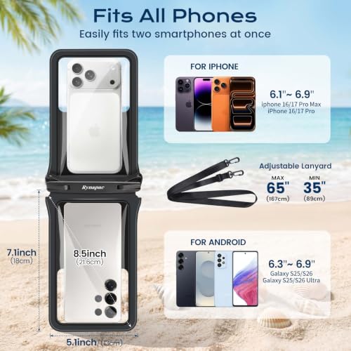 Rynapac Waterproof Phone Pouch 2 Pack, IPX8 Double Space Waterproof Phone Case with Lanyard for iPhone 17/16/15 Pro Max, Galaxy S26 Ultra, Cell Phone Dry Bag for Beach Cruise Essentials, Up to 8.5’’ - color: Black+Black