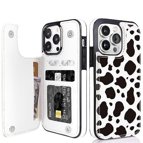 Compatible with iPhone 13 Pro 6.1" Wallet Case with Card Holder Folio Flip PU Leather Kickstand Card Slots Case Double Magnetic Clasp and RFID Blocking Cover 6.1 Inch (Cow Print) - color: Black Cow Print, size: iPhone 13 Pro