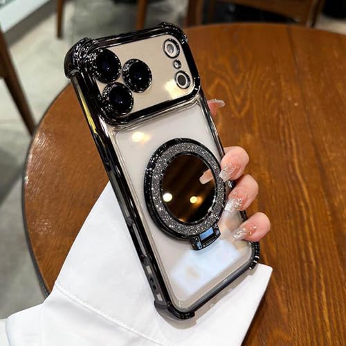 Magnetic Case for iPhone 17 Pro Max Clear with Shiny Invisible Kickstand Ring Makeup Mirror Luxury Plating Soft TPU Four Corners Air Cushion Shockproof Protective Phone Cover 6.9", Black - color: Black, size: For iPhone 17 Pro Max 6.9"