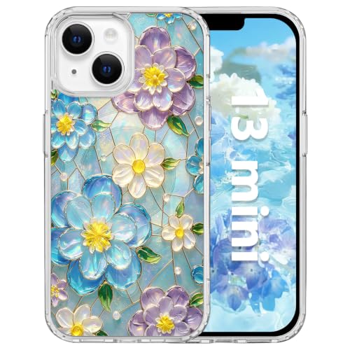 for iPhone 13 Mini 5.4" Magnetic Case【Compatible with MagSafe】 Aesthetic Oil Painting Stained Glass Flower Design, Slim Fit Hard PC Back Shockproof Cute Clear Phone Cover, Blue Purple - color: Blue Purple, size: iPhone 13 Mini