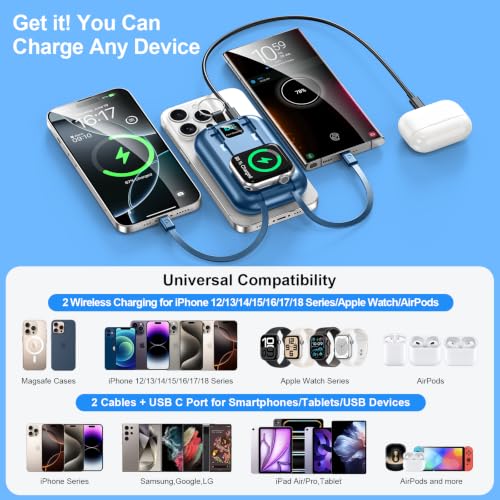 Magnetic Portable Charger 10000mAh Wireless Power Bank with Built-in Cables - color: blue