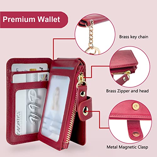 RFID Blocking Phone Wallet Stick On Button Closure with Attachable Sticker | Credit Card Holder for Women with Zipper Coin Purse Have 6 Card Slots and ID Window Compatible with Most Smartphones) (Red) - color: Red