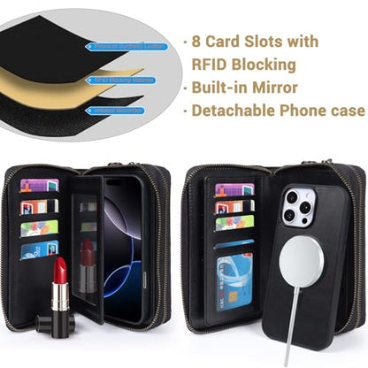Harryshell Compatible with iPhone 16 Pro Case Wallet Multi Zipper Detachable Removable Cover Purse with RFID Blocking Card Slots Holder Mirror Crossbody Strap (Compatible with Magsafe - Black) - color: Compatible with Magsafe - Black, size: iPhone 16 Pro