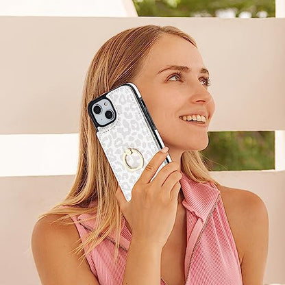 HAOPINSH for iPhone 13/ iPhone 14 Wallet Case with Card Holder, 360°Rotation Ring Kickstand, White Leopard Cheetah Pattern, RFID Blocking Leather for Girls Women, Double Buttons Flip 6.1" - color: White Leopard
