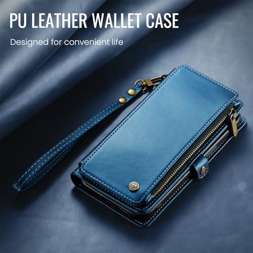 Defencase for iPhone 16 Pro Max Wallet Case with RFID Card Holder, DarkBlue | Durable Soft PU Leather, with Zipper Pocket, Wrist Strap, Fashion Snap Flip Phone Cases Cover with Stand for Women and Men - color: Dark Blue