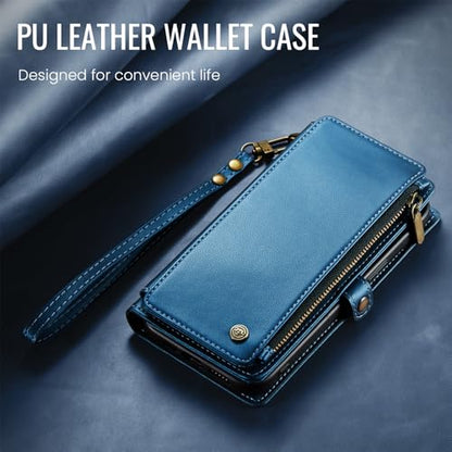 Defencase for iPhone 16 Pro Max Wallet Case with RFID Card Holder, DarkBlue | Durable Soft PU Leather, with Zipper Pocket, Wrist Strap, Fashion Snap Flip Phone Cases Cover with Stand for Women and Men - color: Dark Blue
