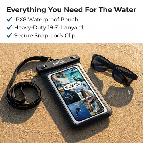 Salt Life Waterproof Phone Bag Sleeve – IPX8 100% Waterproof Protection, Universal Phone Pouch with Touchscreen Clear Window, Secure Seal Closure & Lanyard for Beach, Pool, Kayak & Travel (Black) - color: Black