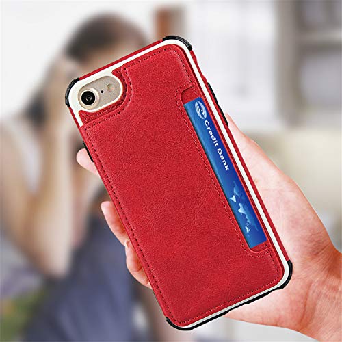 iCoverCase Compatible with iPhone SE(2022)/SE(2020)/7/8/6/6s Wallet Case with Card Slots Holder and Wrist Strap Premium PU Leather Kickstand Magnetic Clasp Shockproof Flip Cover Case (Red) - color: Red