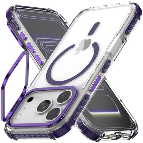 Nvollnoe for iPhone 17 Pro Case Compatible with MagSafe Military Grade Shockproof Heavy Duty Protective Adjustable Kickstand Ultra Clear Magnetic Phone Case for iPhone 17 Pro(Purple) - color: Clear-Purple, size: for iphone 17 pro-6.3"(3 lens)
