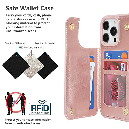 iCoverCase Compatible with iPhone 14 Pro Case with Card Holder, Wallet Case for Women Men RFID Blocking PU Leather Protective Phone Case 6.1 Inch (Rose Gold) - color: Rose Gold