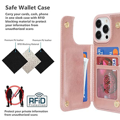 iCoverCase Compatible with iPhone 14 Pro Case with Card Holder, Wallet Case for Women Men RFID Blocking PU Leather Protective Phone Case 6.1 Inch (Rose Gold) - color: Rose Gold