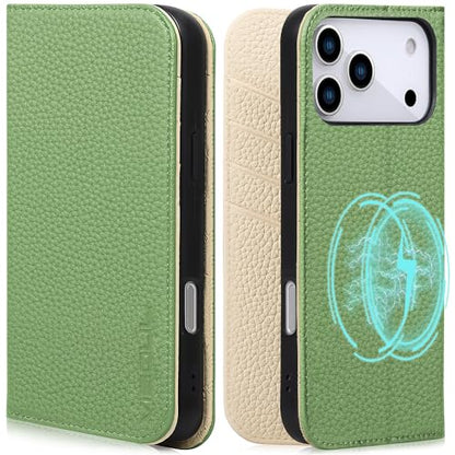VISOUL Pebbled Leather Wallet Case for iPhone 17 Pro Max 6.9" 2025, Genuine Leather Flip Folio Cover with RFID Blocking Card Holders, Kickstand, Soft TPU Protective Flip Cover -Green+Milky White - color: Green+Milky White