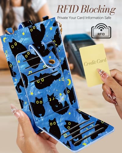 Miss Adola RFID Cell Phone Purse Crossbody Bag for Women | RFID Blocking, Card Slots, Dual Straps, Leather Phone Wallet, Magnetic Buckle, Smooth Zipper, Crossbody Purse for Daily Use - color: Blue Moon Cat
