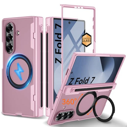 Upgraded 360° Spin Magnetic Invisible Ring Stand for Samsung Galaxy Z Fold 7 Case,[Compatible with MagSafe][S Pen Holder][Hinge Protection][Screen Protector],Shockproof Full Body Phone Cover - color: Pink -1