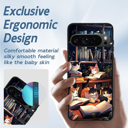 for Google Pixel 9 Pro XL Phone Case TPU Shockproof Full Body Protection Cover 6.8" Cat Bookshelf for Pixel 9 Pro XL Lightweight Compatible Wireless Charging Screen Protector Film - color: Cat Bookshelf