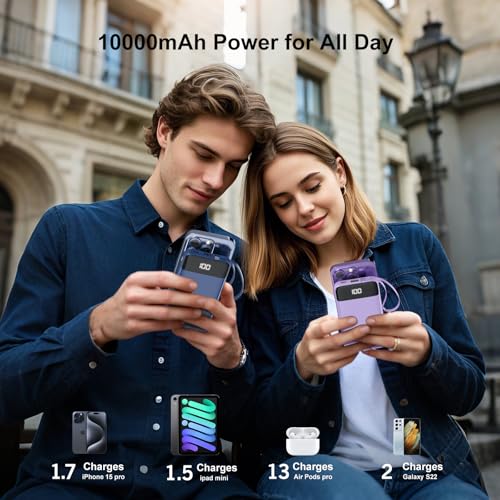 Portable Charger Built-in Cables,10000mAh Fast Charge Power Bank for iPhone - color: Navy