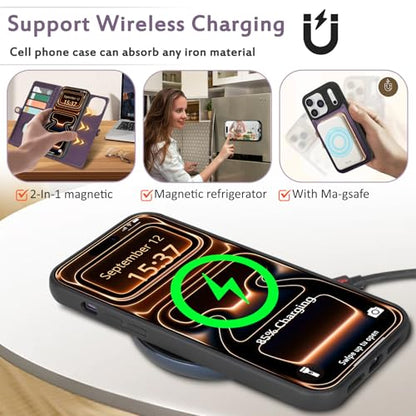 for Wallet Case Compatible with iPhone 17 Pro,Multi-Function Detachable 3 in 1 Magnetic iPhone 17 Pro Case Wallet,Flip Strap Zipper Card Holder Phone Case with Shoulder Straps (Pruple) - color: Purple, size: iPhone 17 Pro