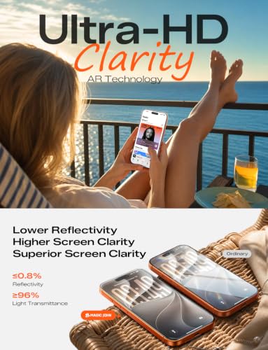 MAGIC JOHN 2 Pack AR Screen Protector for iPhone 17 pro with AR Anti Reflection [3D Full Coverage] Bubble Free and Auto Dust-Elimination, Easy Installation, 9H Military Grade HD Tempered Glass - size: iPhone 17 Pro 6.3inch