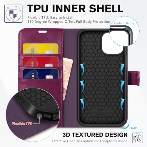 TUCCH Wallet Case for iPhone 13 (6.1") 2021, 3 Card Holders, Plum Purple | RFID Blocking, Viewing Stand, Shockproof TPU Shell, PU Leather, Magnetic Closure, Protective Folio Flip Cover - color: Plum Purple