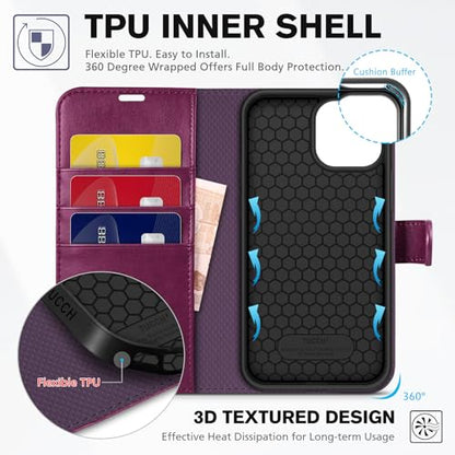 TUCCH Wallet Case for iPhone 13 (6.1") 2021, 3 Card Holders, Plum Purple | RFID Blocking, Viewing Stand, Shockproof TPU Shell, PU Leather, Magnetic Closure, Protective Folio Flip Cover - color: Plum Purple