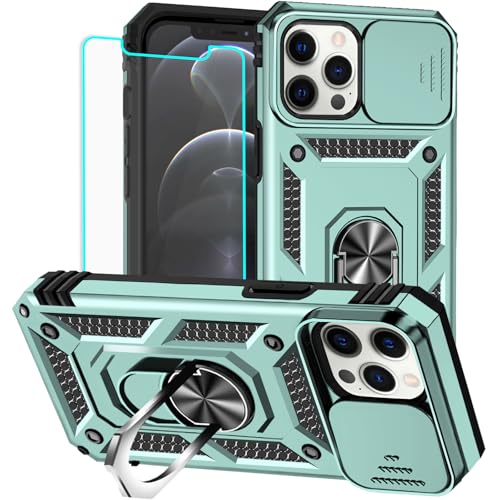 HNHYGETE for iPhone 12 Pro Max Case with Screen Protector: [Military Grade 20ft. Drop Tested] Slide Camera Cover Ring Shockproof Protective Phone Case for - iPhone 12 Pro Max (Dark Green) - color: Dark Green, size: iPhone 12 Pro Max