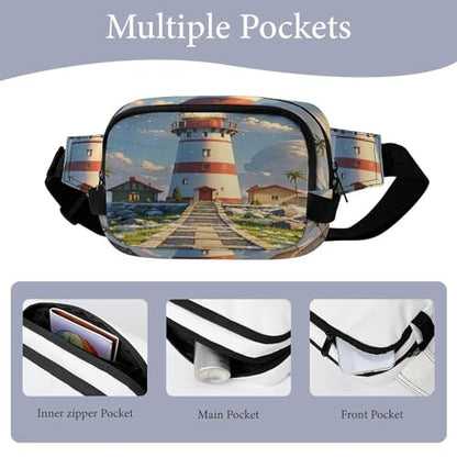 Lighthouse Fanny Packs for Women Men Double Layer Fashion Waist Pack Adjustable Belt Bag with Pockets Small Crossbody Bags for Running Hiking Workout Travel Daily Use