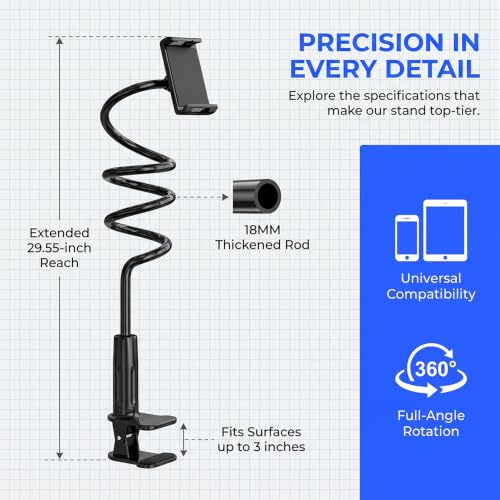 Phone Holder for Bed, Adjustable Stable Metal Cell Stand Mount for Desk Table BedHeadboard, Bed, Bedside, Table, Flexible Long Arm Stand, Overhead Cell Phone Clamp Mount,for All 4-7” Device