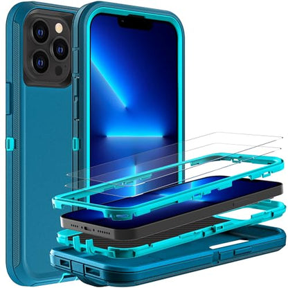 YKHJKLEC for iPhone 13 Pro Case, Military Grade 3 in 1 Heavy Duty Shockproof/Drop Proof/Dust Proof Case with 2Pcs Tempered Glass Screen Protector (Blue/Turquoise) - color: Blue/Turquoise