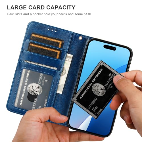 Bocasal Detachable Wallet Case Card Holder for iPhone 16, Blue | RFID Blocking Kickstand Card Slots Holder PU Leather Magnetic Shockproof Wrist Strap Removable Flip Protective Cover 6.1 inch - color: Blue