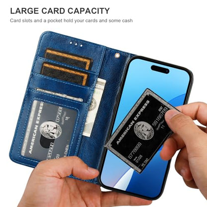 Bocasal Detachable Wallet Case Card Holder for iPhone 16, Blue | RFID Blocking Kickstand Card Slots Holder PU Leather Magnetic Shockproof Wrist Strap Removable Flip Protective Cover 6.1 inch - color: Blue