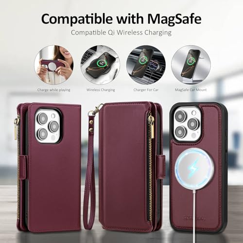 Antsturdy Compatible with MagSafe iPhone 13 Pro Wallet Case,Wine Red | Detachable Magnetic Credit Card Holder,RFID Blocking,PU Leather Zipper Purse,Wrist Strap Kickstand,Flip Phone Cover for Women - color: (Detachable with Magsafe)-Wine Red
