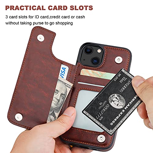 ONETOP for iPhone 13 Wallet Case with Card Holder,Brown | Kickstand,ID/Cash Holder,Case Wallet with Card Slots,Double Magnetic Clasp,Durable PU Leather Shockproof Cover for Women Men - color: Brown