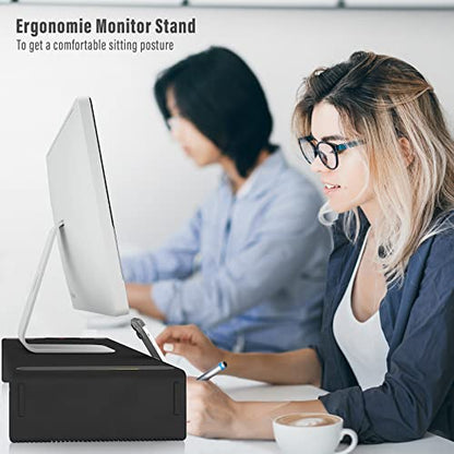 Adjustable Monitor Riser with Drawer & Phone Holder, Foldable Desk Stand - color: Black-Basic