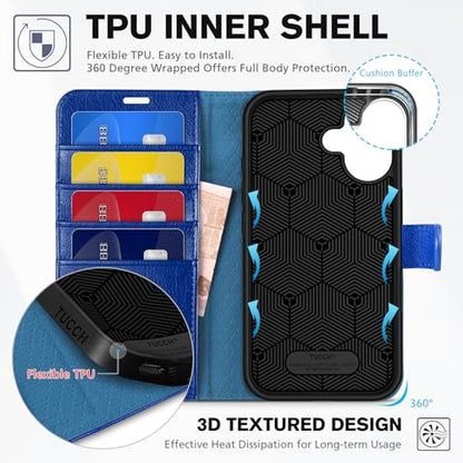 TUCCH Wallet Case for iPhone 16 (6.1") 2024, Flip Stand, Klein Blue | RFID Blocking, 4 Card Holders, Kickstand, PU Leather, Shockproof TPU Shell, Magnetic Closure, Protective Folio Cover - color: Textured Klein Blue