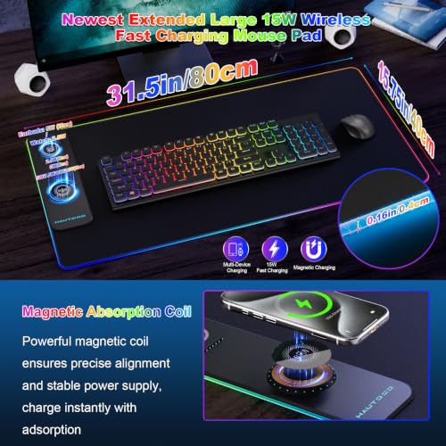 HAUTOCO Wireless Charging Mouse Pad, RGB Large Gaming Desk Mat - color: Black-31.5"x15.75"