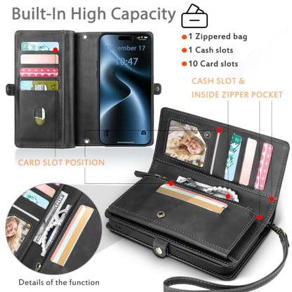for Wallet Case Compatible with iPhone 15 Pro Max,Multi-Function Detachable 2 in 1 Magnetic iPhone 15ProMax Case Wallet,Flip Strap Zipper Card Holder Phone Case with Shoulder Strap(Darkgray) - color: DarkGray, size: iPhone 15 pro max