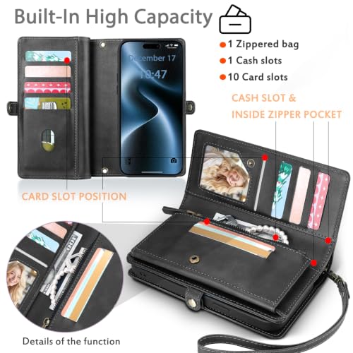 for Wallet Case Compatible with iPhone 15,Multi-Function Detachable 2 in 1 Magnetic iPhone 15 Case Wallet,Flip Strap Zipper Card Holder Phone Case with Shoulder Straps(Darkgray) - color: DarkGray, size: iPhone 15