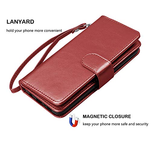 Njjex Wallet Case for Samsung Galaxy S21 Ultra 5G, For Galaxy S21 Ultra Case 6.8", [9 Card Slots] PU Leather ID Credit Holder Folio Flip [Detachable] Kickstand Magnetic Phone Cover & Lanyard -Wine Red - color: Wine Red