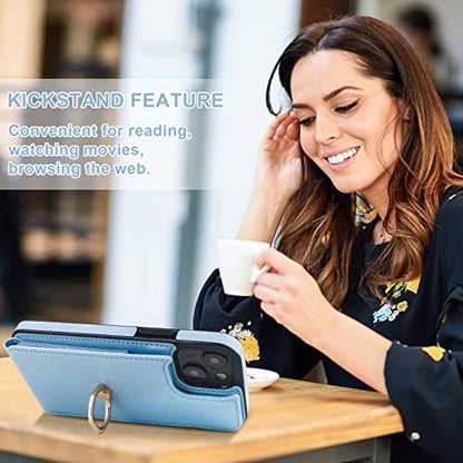 Folosu Compatible with iPhone 14 Plus Case Wallet with Card Holder, 360°Rotation Finger Ring Holder Kickstand, RFID Blocking Leather Protective Double Buttons Shockproof Cover 6.7 Inch Blue - color: Blue, size: iPhone 14 Plus