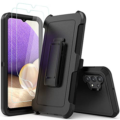 TENCO Compatible with Samsung Galaxy A32 5G Case,with Screen Protectors,Heavy Duty Rugged Shockproof Full Body Protection Kickstand Case Belt Clip Holster for 5G(Black), SM-A326B, SM-A326BDS - color: Black