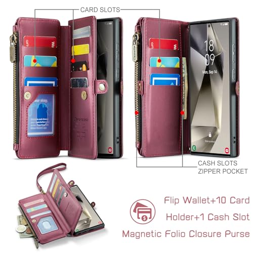 Defencase for Samsung Galaxy S23 Ultra Wallet Case with Card Holder, W-Red | Durable PU Leather, with RFID Blocking Zipper Pocket, Wrist Strap, S23 Ultra Flip Phone Cases Cover with Stand for Women Men - color: Fashion Purple Red