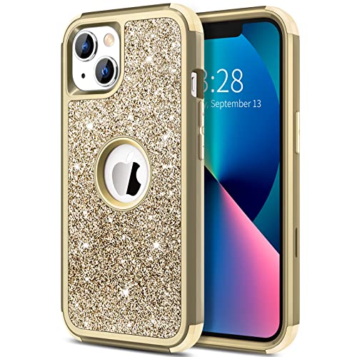 Hython Case for iPhone 13 Case Glitter, Cute Sparkly Shiny Bling Sparkle Cover, Heavy Duty 3 in 1 Hybrid Hard PC Soft TPU Bumper Full Body Shockproof Protective Phone Cases for Women Girls, Gold - color: Gold