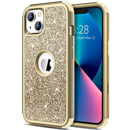 Hython Case for iPhone 13 Case Glitter, Cute Sparkly Shiny Bling Sparkle Cover, Heavy Duty 3 in 1 Hybrid Hard PC Soft TPU Bumper Full Body Shockproof Protective Phone Cases for Women Girls, Gold - color: Gold