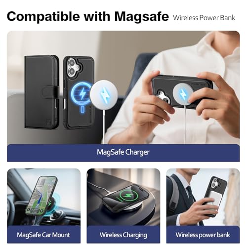 Magnetic 2 in 1 Detachable Compatible with Magsafe iPhone 17 Genuine Wallet Case with Card Holder,Women Men Real Leather Flip RFID Blocking Credit Card Slots Stand Phone Cover,Black - color: Black, size: iPhone 17 - 6.3"