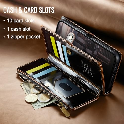 Defencase for iPhone 17 Wallet Case with RFID Blocking Card Holder, Coffee | Durable Soft PU Leather, with Zipper Pocket, Wrist Strap, Fashion Snap Flip Phone Cases Cover with Stand for Women and Men - color: Coffee