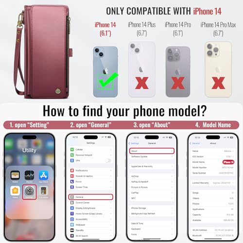 Defencase for iPhone 14 Wallet Case with RFID Blocking Card Holder, WineRed | Durable Soft PU Leather, with Zipper Pocket, Wrist Strap, Fashion Snap Flip Phone Cases Cover with Stand for Women and Men - color: Wine Red