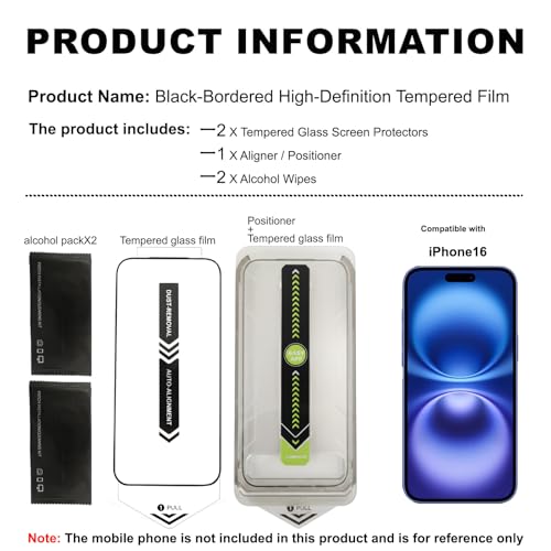 2 Pcs Screen Protector for iPhone 16, Glossy Tempered Glass Screen Protector with Alignment Frame, Anti-Scratch, Bubble Free - color: iPhone 16
