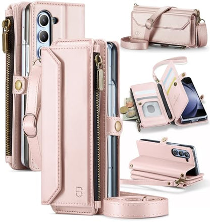 Strapurs Crossbody Wallet Case Compatible with Samsung Galaxy Z Fold 5 with RFID Blocking Card Holder & Pen Holder Slot Soft PU Leather Shoulder Strap Zipper Pocket Purse Fold 5 Phone Case, Rose Gold | RFID Blocking 5-Card Holder, Shoulder Lanyard, Wirst
